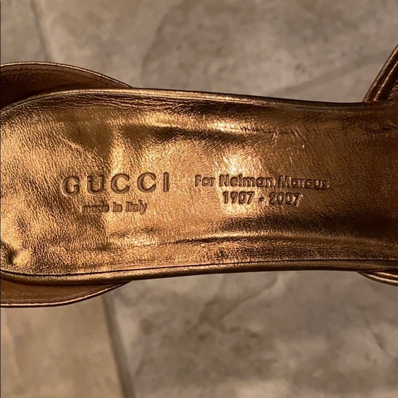 GUCCI Bronze Leather Peep Crystal Bamboo Heels - Picture 10 of 11